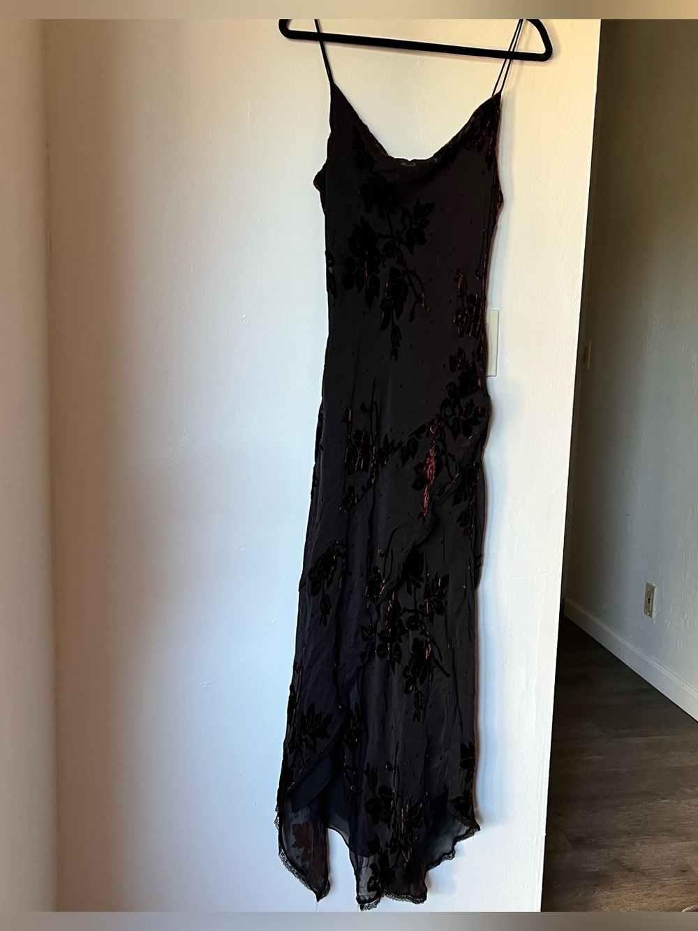 Cachet Vtg 90s Y2K Velvet Silk Black Midi Dress Sz 14 Whimsigoth Side Slit Fairy